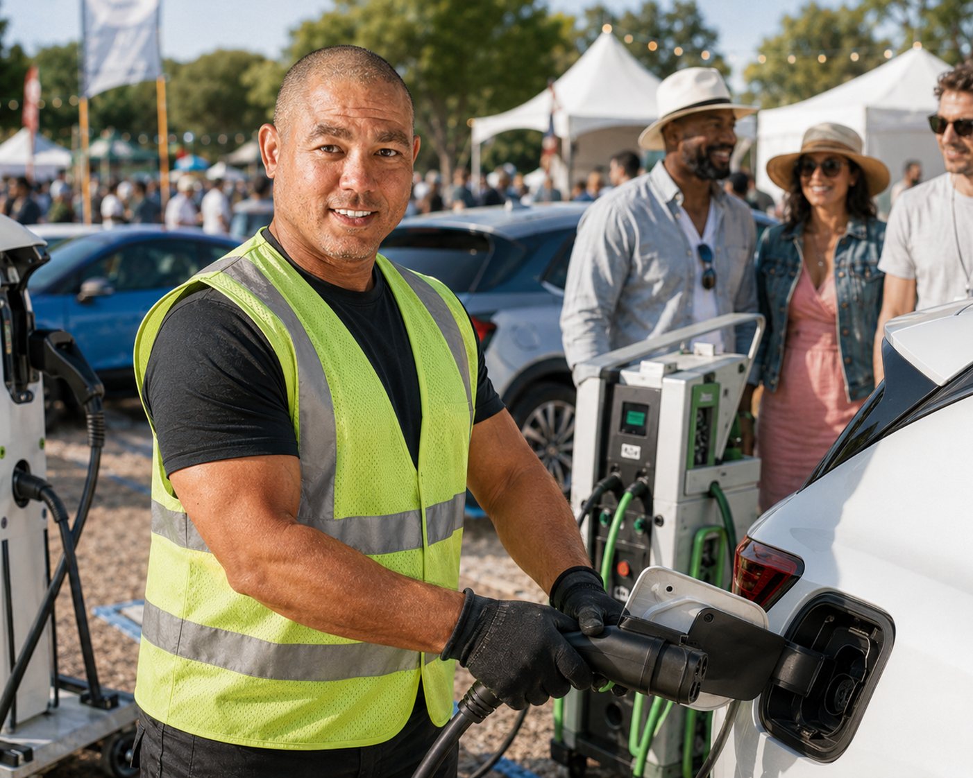 Mobile EV charging attendant connecting a cable to a white electric car at an outdoor festival as guests wait nearby