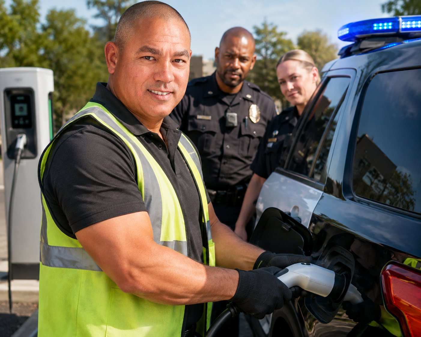 Technician plugging a charging connector into a police electric patrol SUV while two officers look on