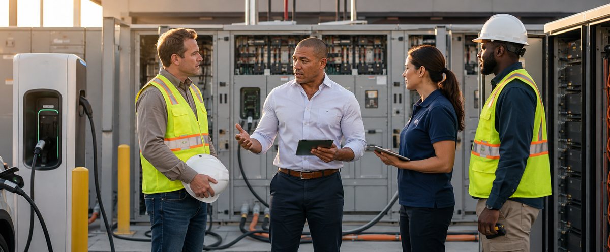 Engineers reviewing electrical switchgear and battery cabinets during commissioning of an EV charging installation