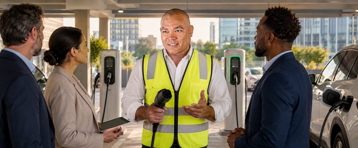EV charging specialist holding a CCS connector explaining charging options to three people in a covered parking garage